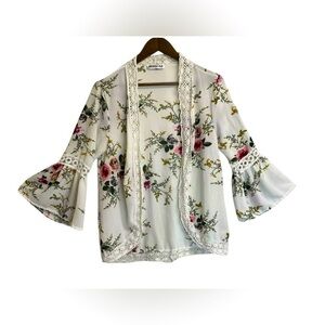 Ecowish Cardigan Women’s White Pink Green Floral Lace Accent Open Front XL